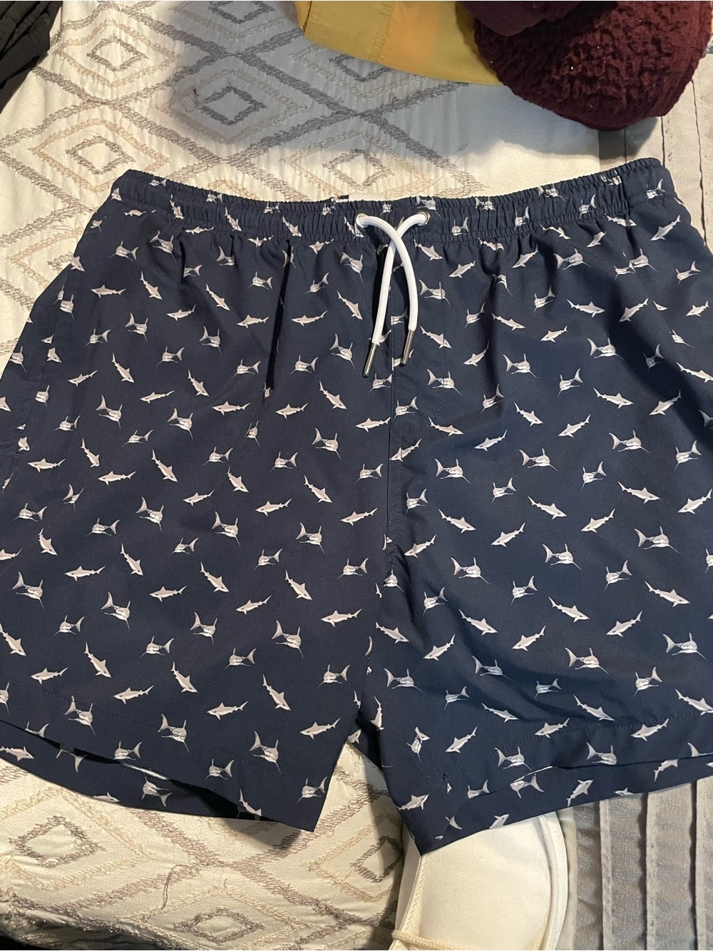 Navy Shark-Print Swim Trunks with Drawstring